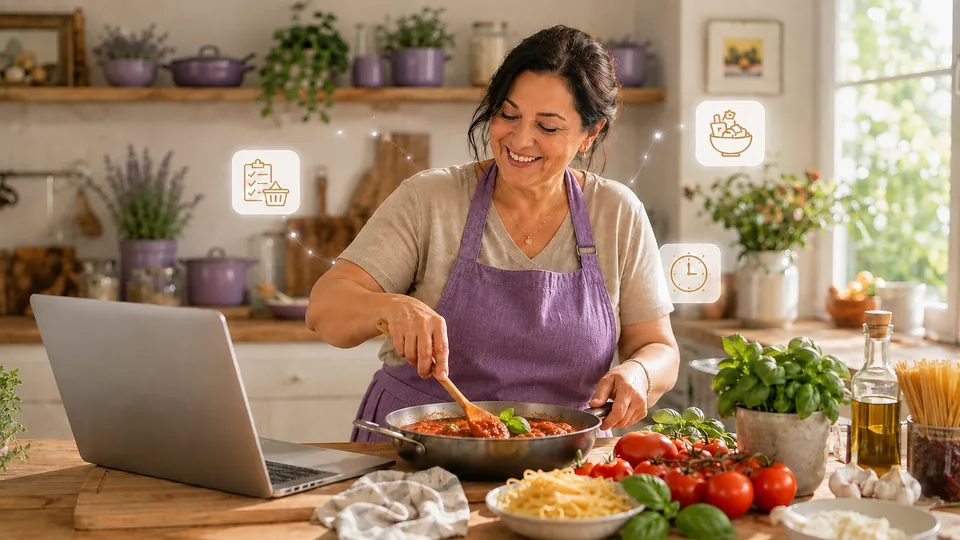 Persona che pianifica i pasti in una cucina moderna con ingredienti e discreti elementi dell’interfaccia delle ricette