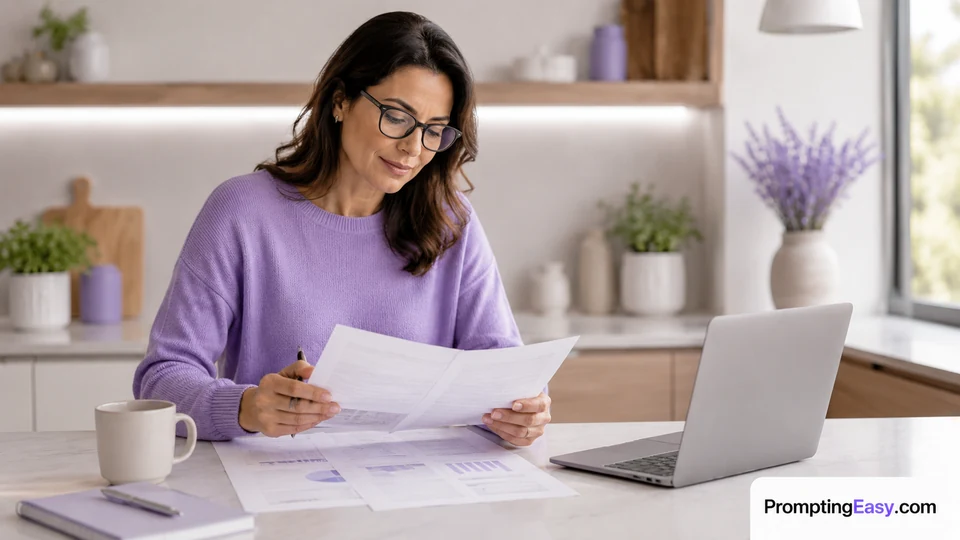Person planning a budget in a home office with subtle finance interface elements