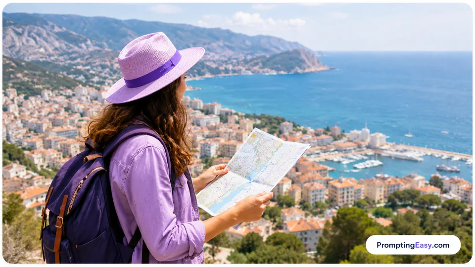 Person planning a city trip with travel items and subtle route interface elements