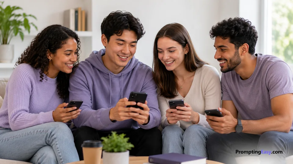 Friends using a smartphone together with subtle messaging interface elements